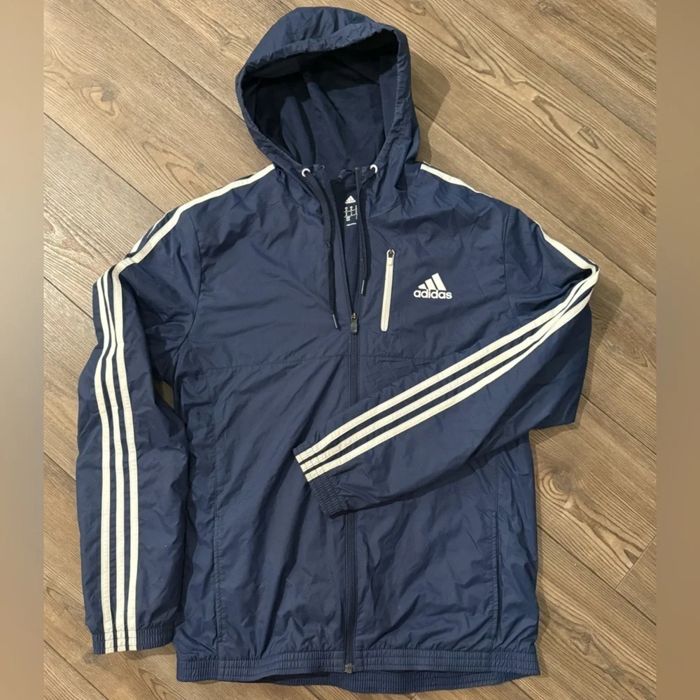 Adidas Navy Windbreaker Jacket Mens Medium Hooded 3 Stripe Zip Up